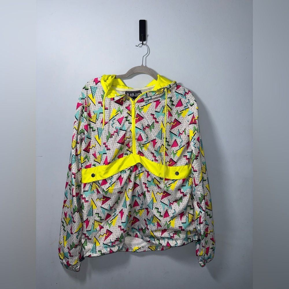 BlackJack 1999 retro windbreaker geometric jacket Size Large EUC neon pop VTG